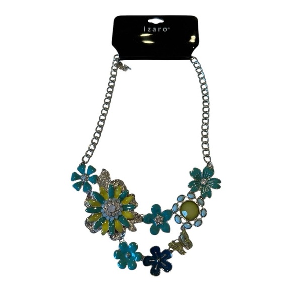 izaro Silver Chain Bib Necklace with Enamel Turquoise Flowers & Butterfly NEW - Picture 4 of 10